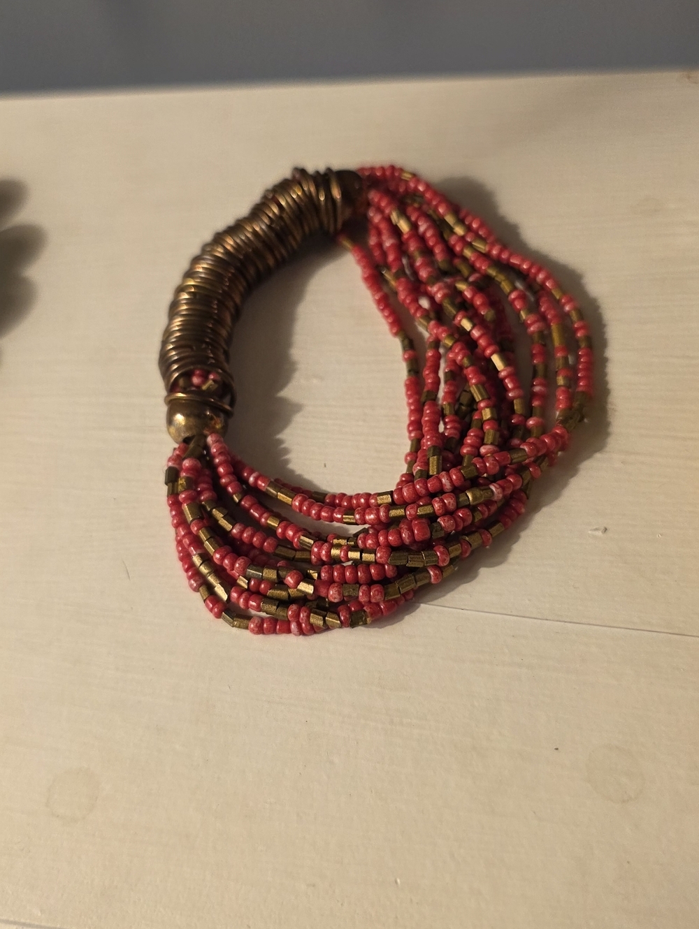 Beaded Multi-Strand Red and Brass Bracelet